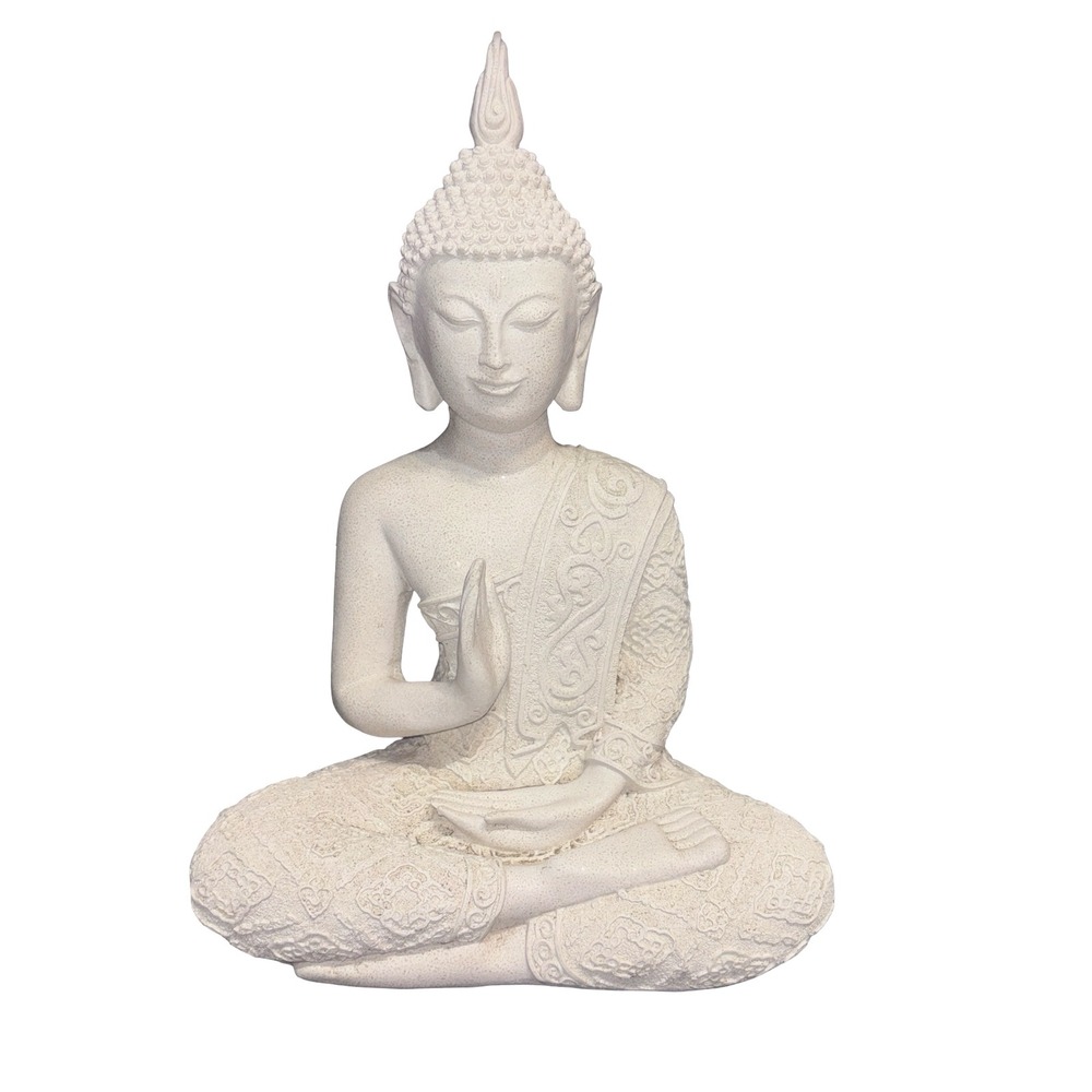 Meditating Buddha Statue Off White Stone Finish Zen Home Decor Figurine